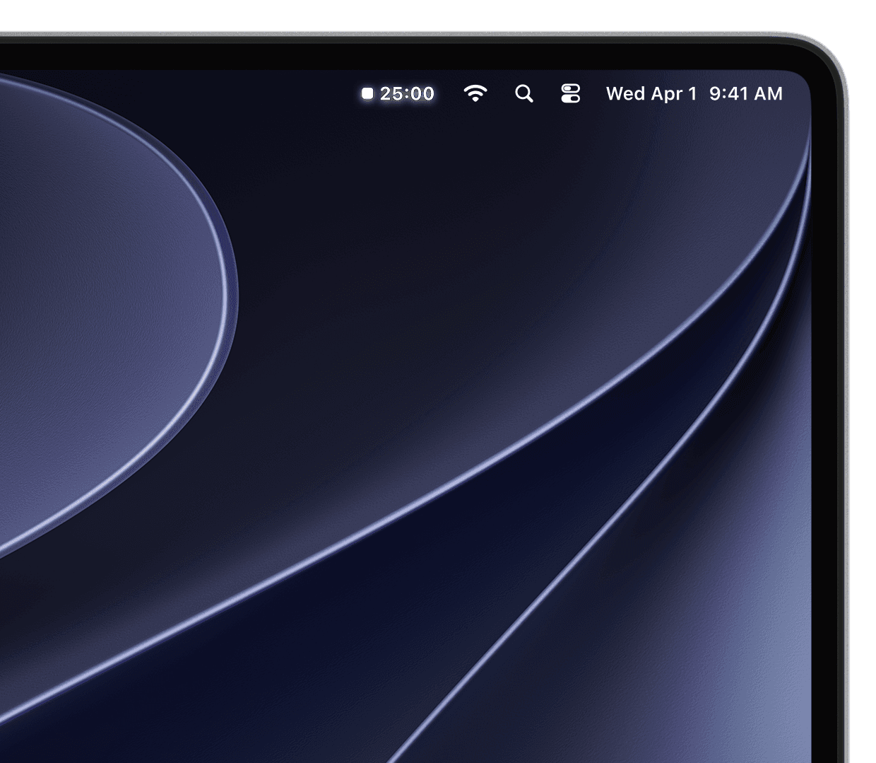The Monodoro timer counting down in the macOS menu bar, showing 25:00.