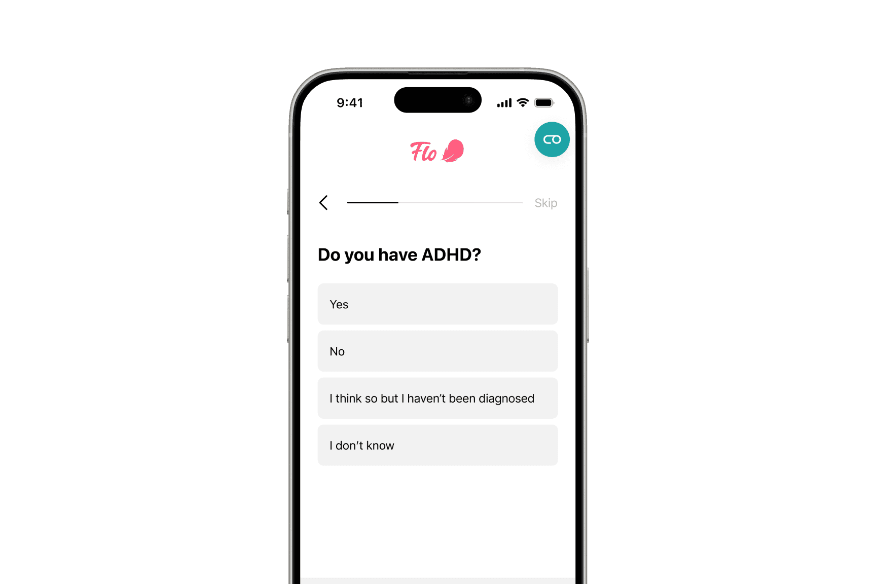 The Flo web onboarding question “Do you have ADHD?”, with the options Yes, No, “I think so but I haven’t been diagnosed”, and “I don’t know”.