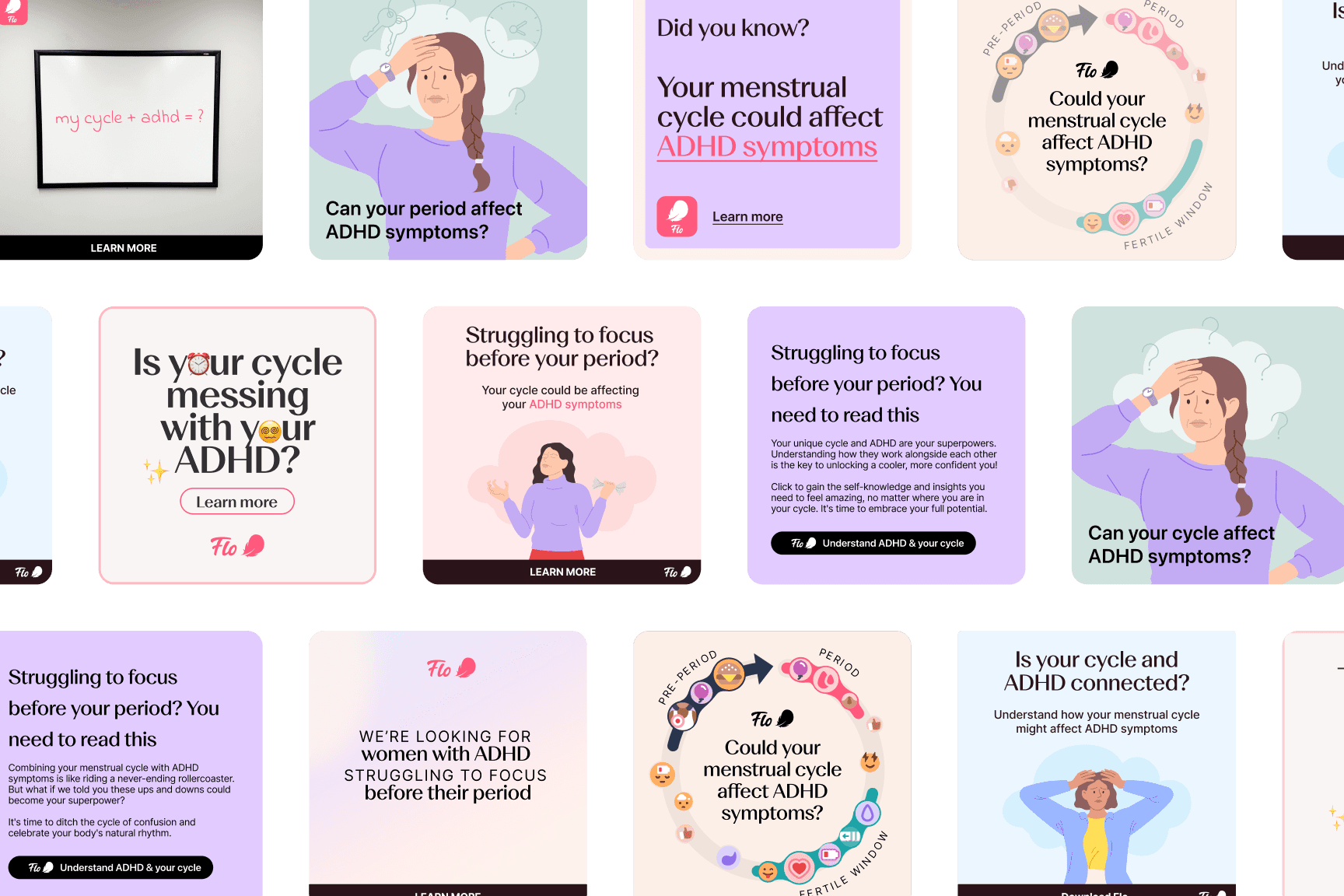 A grid of paid social ad creatives testing ADHD messaging, with headlines such as “Can your period affect ADHD symptoms?” and “Struggling to focus before your period?”.