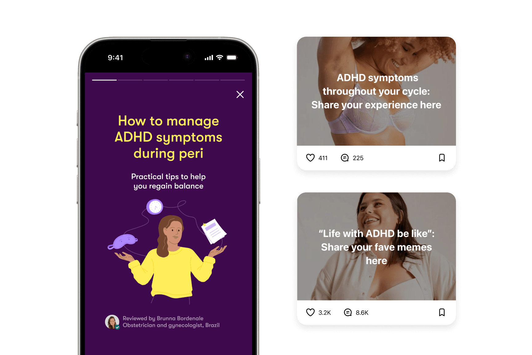 An in-app Flo article, “How to manage ADHD symptoms during peri”, beside two community posts inviting people to share their ADHD experiences, carrying 411 and 3.2K likes.
