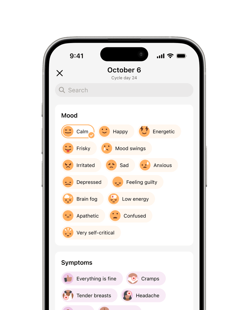 Flo’s daily tracker on cycle day 24, offering mood chips including brain fog, low energy, apathetic and very self-critical alongside the usual symptom chips.