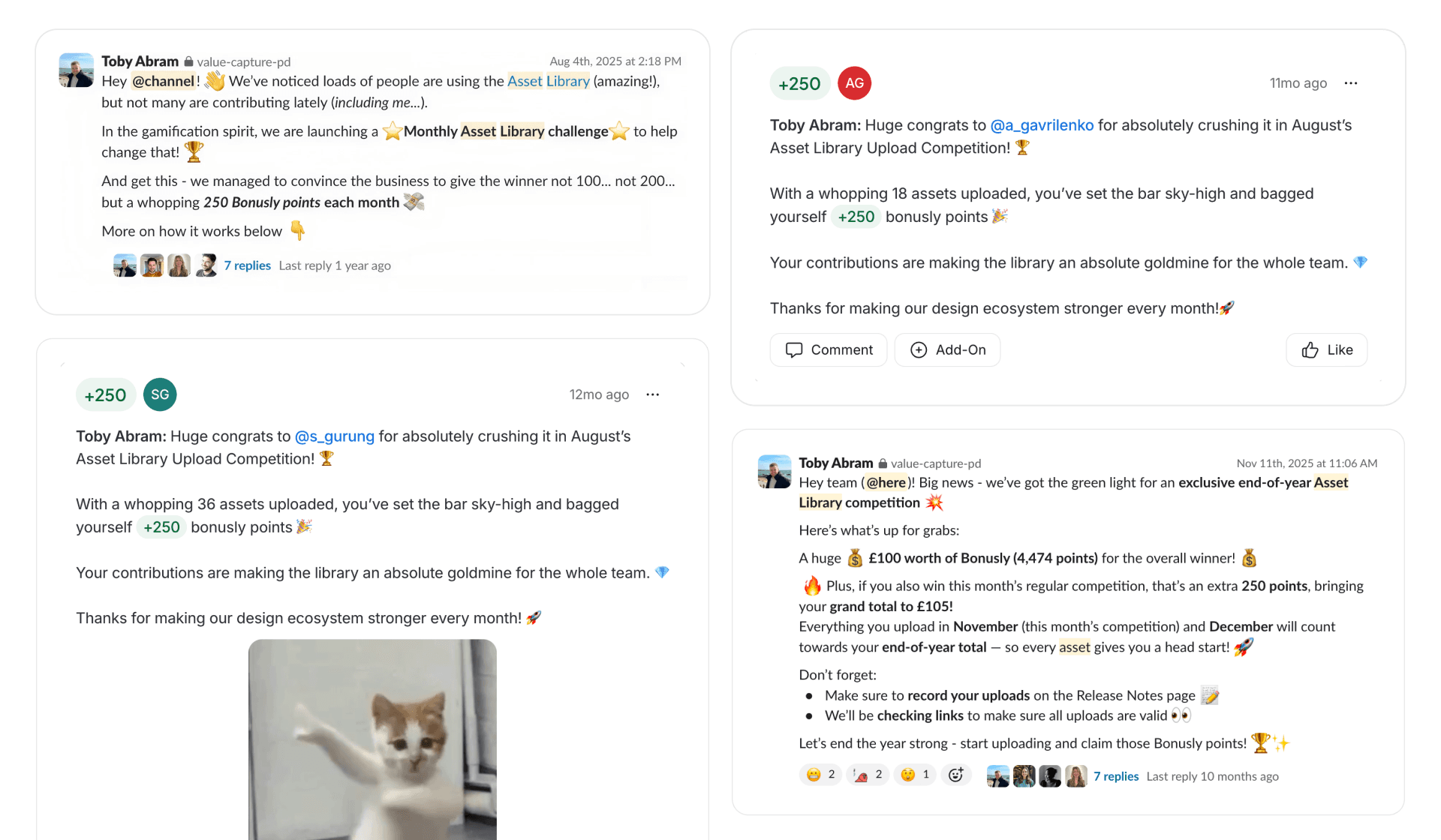 Four Slack and Bonusly posts: the launch of a monthly Asset Library challenge with 250 Bonusly points for the winner, two posts congratulating designers for uploading 18 and 36 assets, and the announcement of an end-of-year competition with £100 of Bonusly for the overall winner.