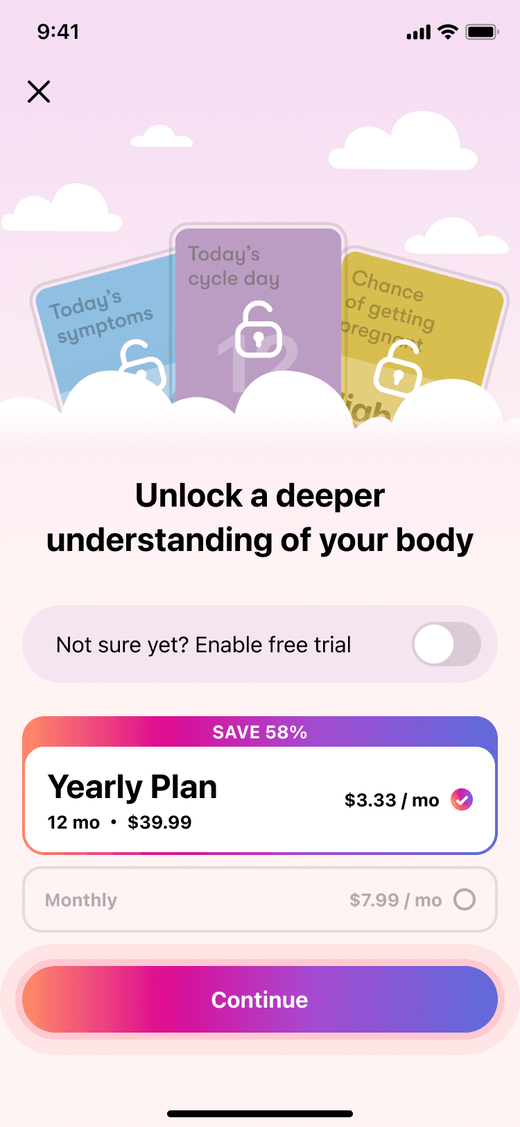 A Flo paywall headed “Unlock a deeper understanding of your body”, with three locked insight cards above a free-trial toggle, a Yearly Plan at $3.33 a month marked Save 58%, a Monthly plan at $7.99 and a Continue button.