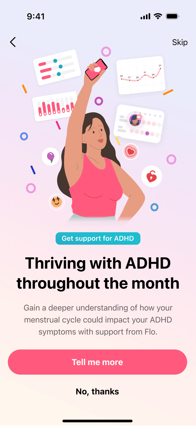 A Flo screen offering ADHD support through the menstrual cycle.