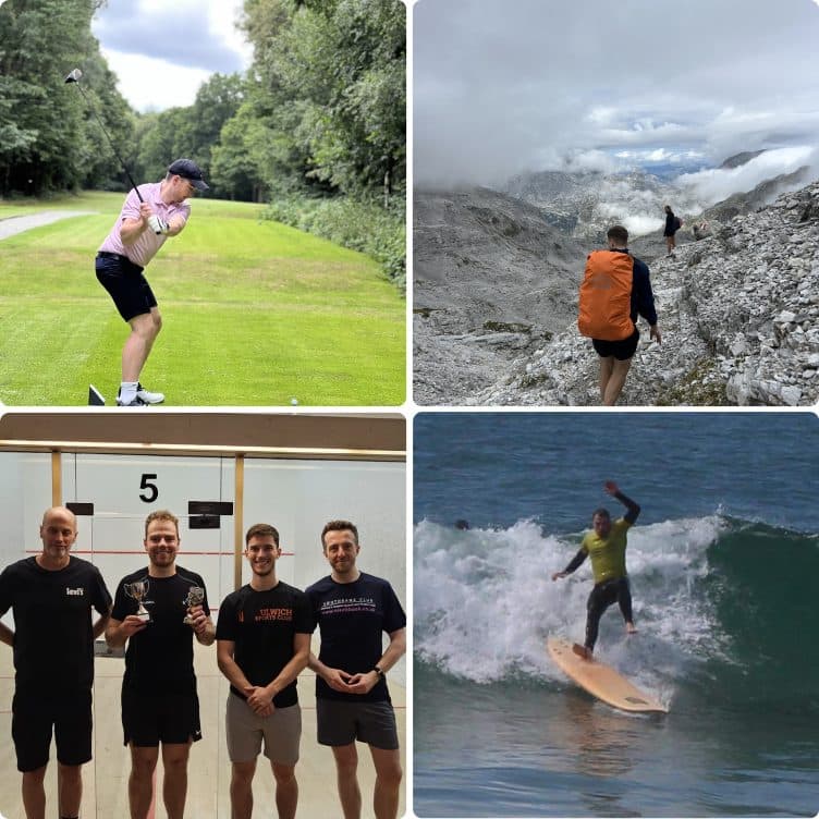 Four photos in a grid: mid golf swing on a tree-lined fairway, a hike through cloud-covered mountains, a squash team with a trophy, and surfing a small wave.