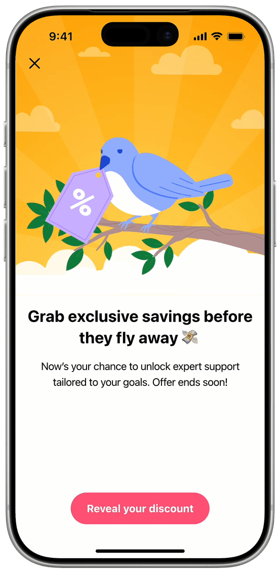 A Flo March sale screen: a bluebird holding a discount tag, above “Grab exclusive savings before they fly away”.