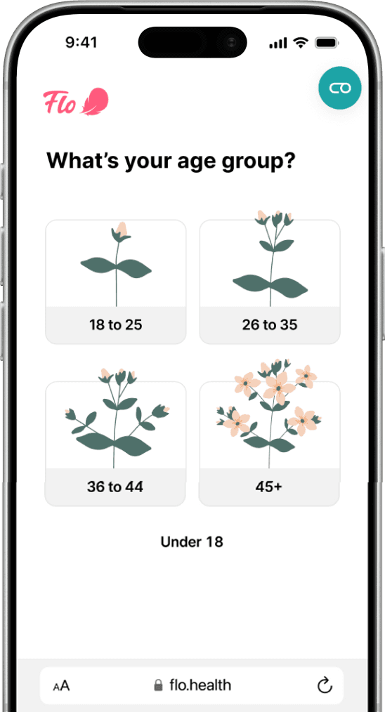 The first step of Flo’s Perimenopause web onboarding, asking for an age group.