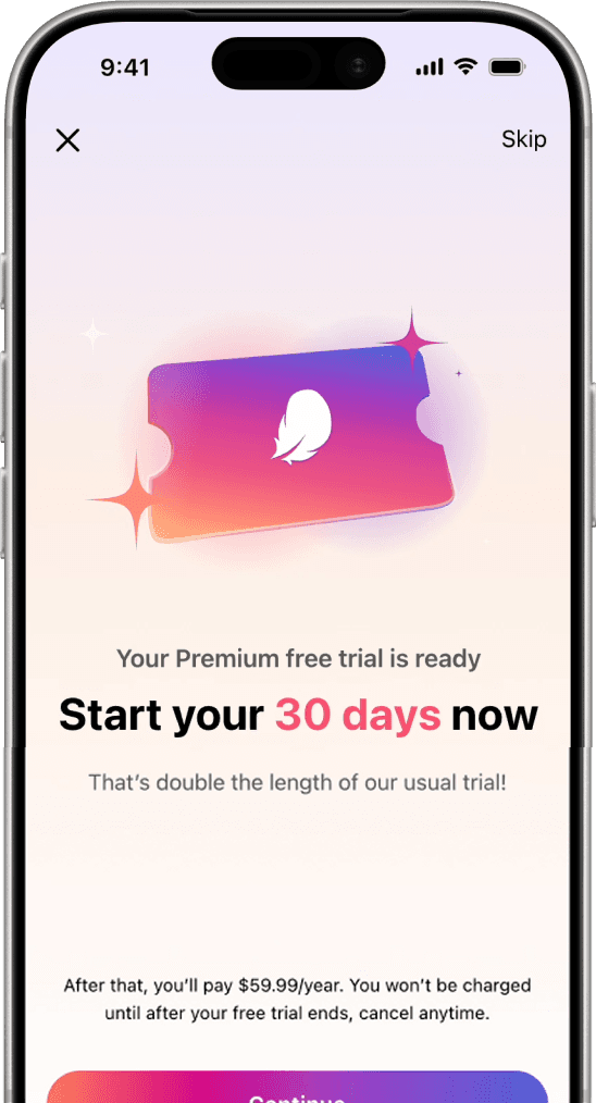 A Flo screen offering a 30-day Premium free trial, claimed through a referral.